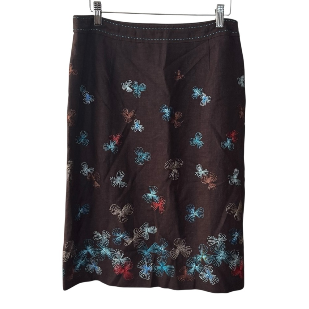 Alfani Nolita Embroidered Brown Skirt with Floral Design Vintage Size 12 Linen